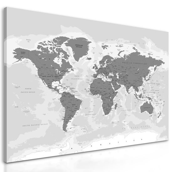 Obraz mapa sveta v nežnom čiernobielom prevedení