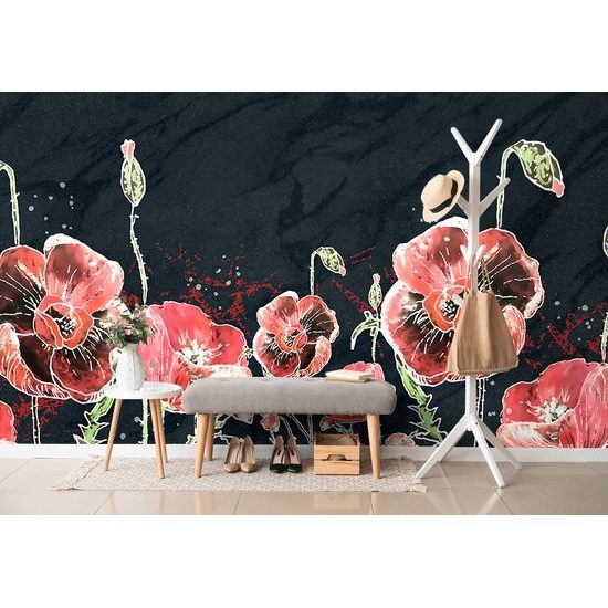 Samolepiaca tapeta maľované vlčie maky na tmavom pozadí