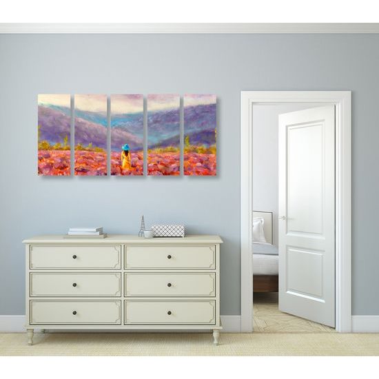 5-dielny obraz umelecká maľba žena v žltých šatách