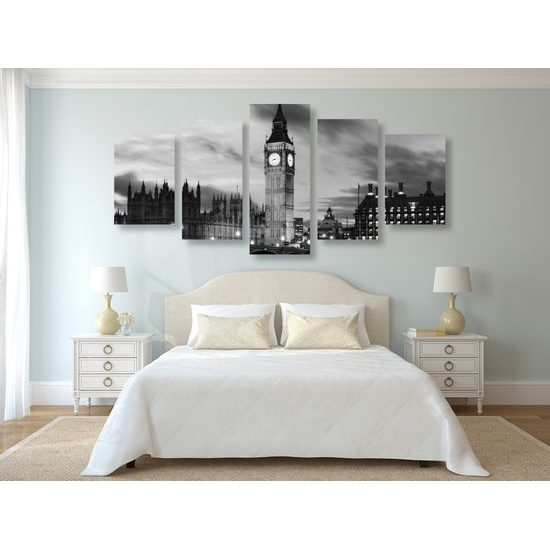 5-dielny obraz nasvietený Big Ben v čiernobielom prevedení