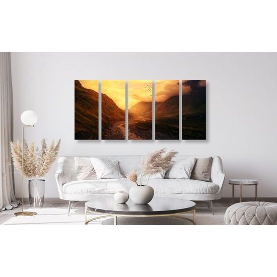 5-dielny obraz slnko zapadajúce za kopce