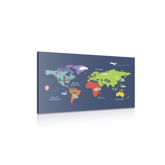 Obraz mapa sveta s kreslenými dominantami