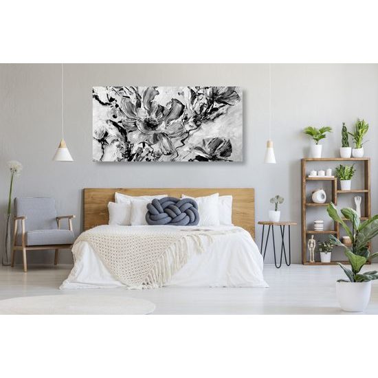 Obraz maľovaná abstrakcia kvetu v čiernobielom prevedení