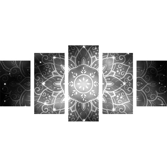 5-dielny obraz Mandala s vesmírnym pozadím v čiernobielom prevedení