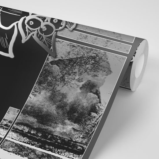 Samolepiaca tapeta čiernobiela kresba kvetov na abstraktnom pozadí