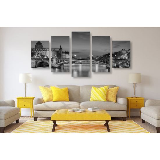 5-dielny obraz okúzľujúci nočný Paríž v čiernobielom prevedení