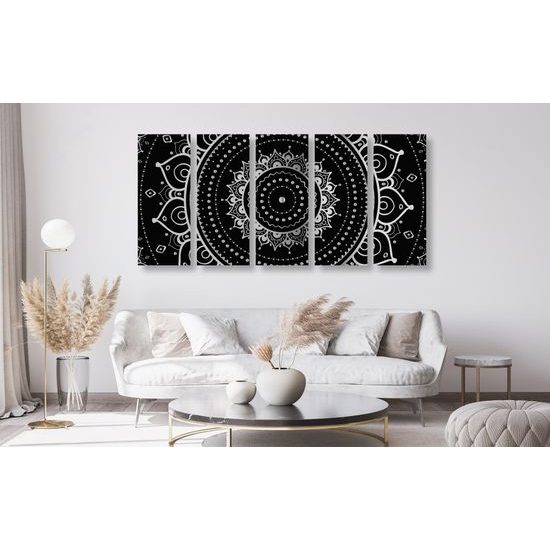 5-dielny obraz magická Mandala v čiernobielom prevedení