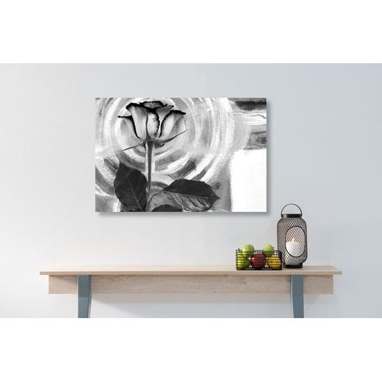 Obraz ruža na maľovanom pozadí v čiernobielom prevedení