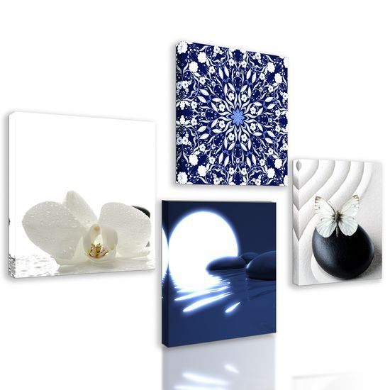 Set obrazov harmónia na bielo-modrom pozadí