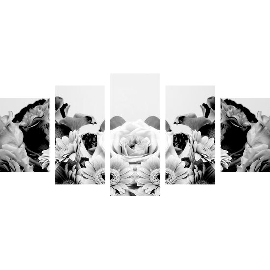 5-dielny obraz pôvabná kvetinová kompozícia v čiernobielom prevedení