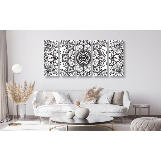 5-dielny obraz čiernobiela Mandala