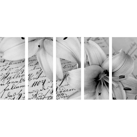 5-dielny obraz ľalia na ľúbostnom liste v čiernobielom prevedení