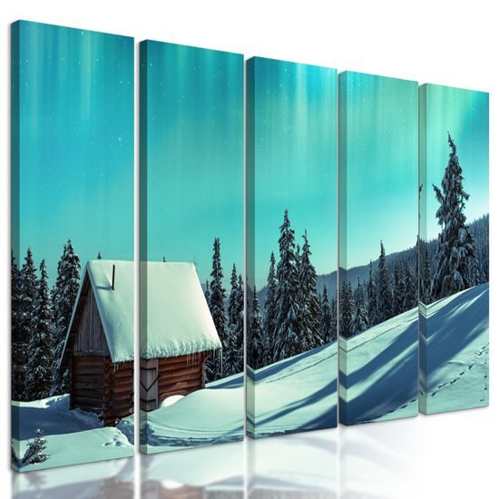 5-dielny obraz chalúpka v zasnežených horách