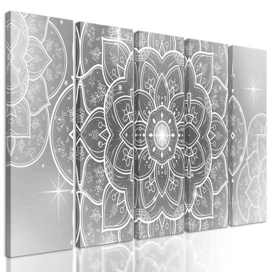 5-dielny obraz čiernobiely kvet Mandaly