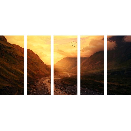 5-dielny obraz slnko zapadajúce za kopce