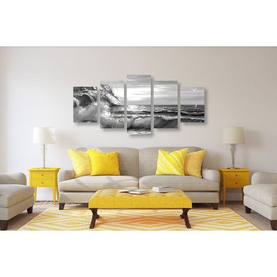 5-dielny obraz nekľudné more v čiernobielom prevedení