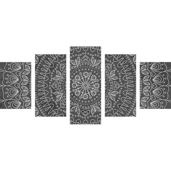 5-dielny obraz umelecká Mandala v čiernobielom prevedení