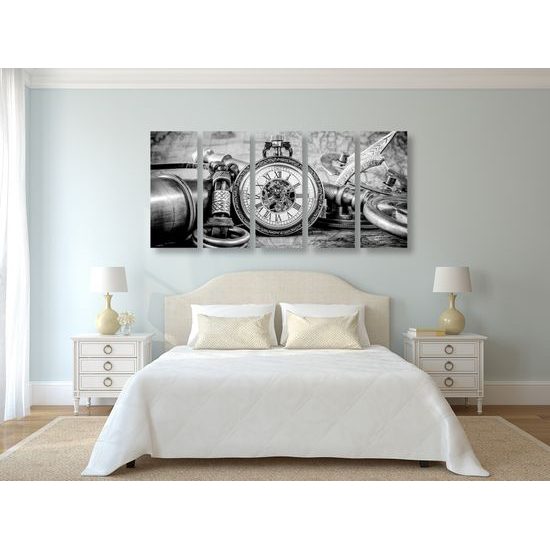 5-dielny obraz historické luxusné hodinky v čiernobielom prevedení