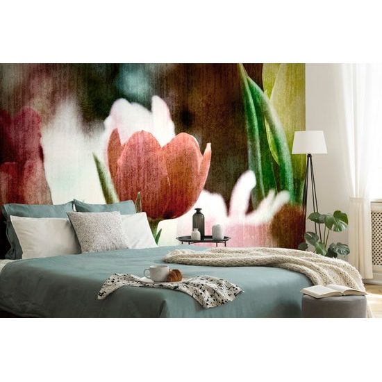 Zaujímavá samolepiaca tapeta tulipány v retro prevedení