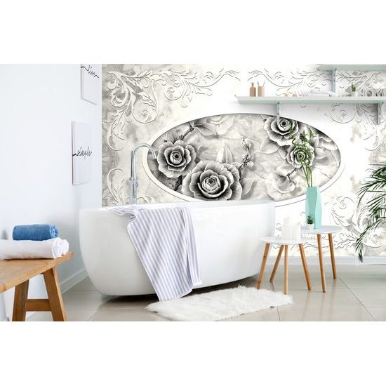 Samolepiaca tapeta čiernobiele ruže s ornamentom vo vintage štýle