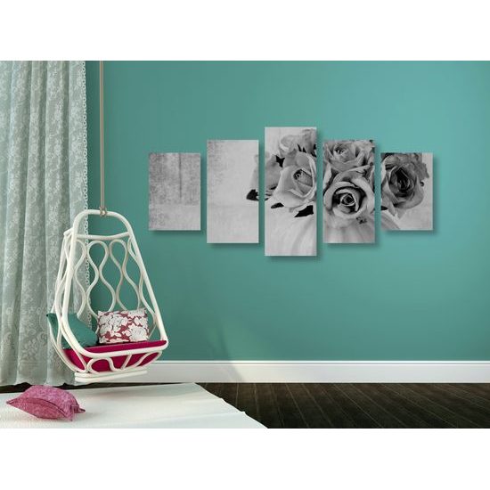 5-dielny obraz malé ružičky v čiernobielom prevedení