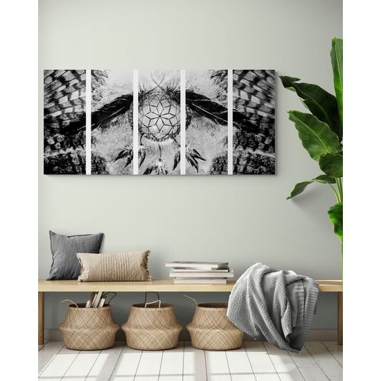 5-dielny obraz abstraktný lapač snov v čiernobielom prevedení