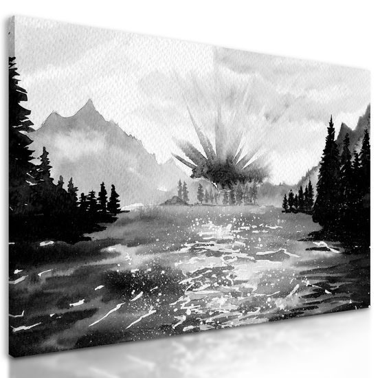 Obraz maľovaná horská krajinka v čiernobielom prevedení