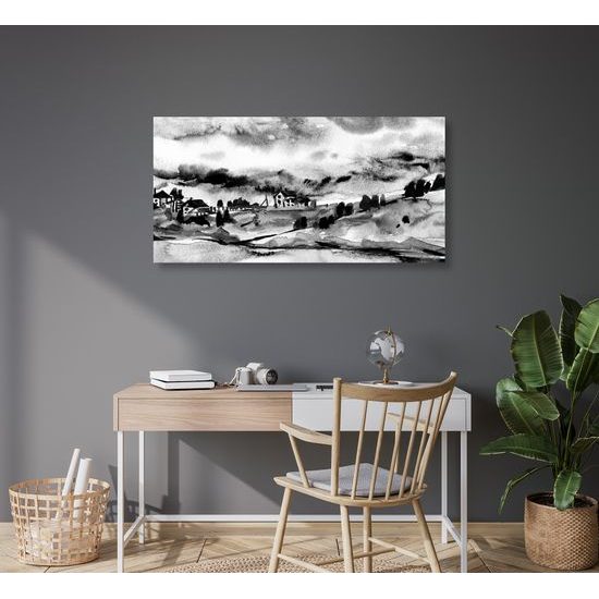 Obraz akavarelové Talianske mestečko v čiernobielom prevedení