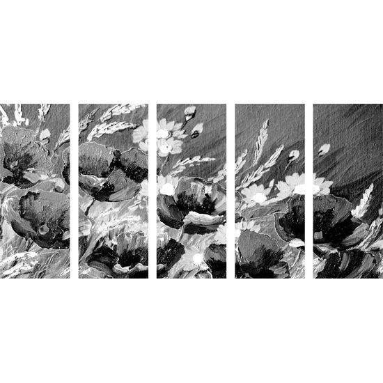5-dielny obraz maľované maky na lúke v čiernobielom prevedení