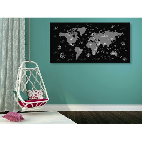 Obraz na korku dobrodrúžna mapa sveta v čiernobielom prevedení