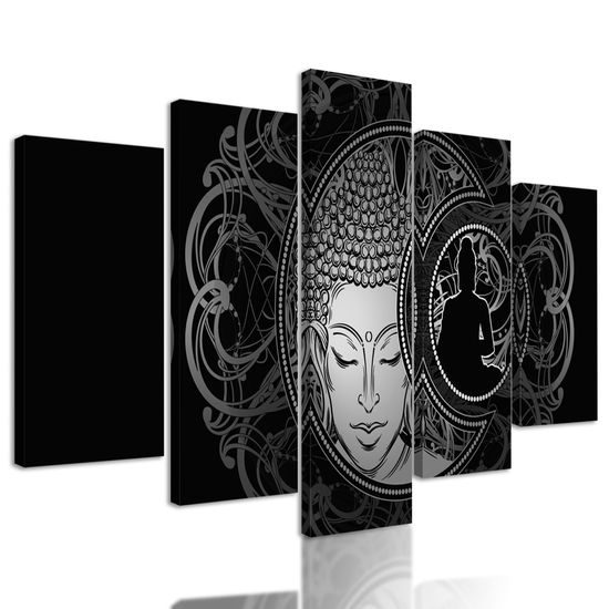 5-dielny obraz vyrovnaný Budha v čiernobielom prevedení