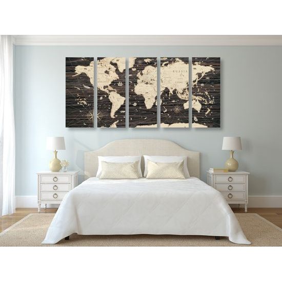 5-dielny obraz historická mapa sveta na drevenom pozadí