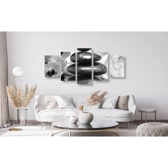 5-dielny obraz meditačné Zen kamene v čiernobielom prevedení