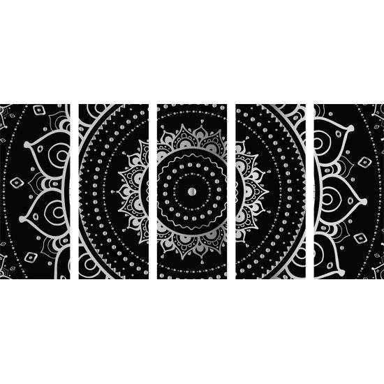5-dielny obraz magická Mandala v čiernobielom prevedení