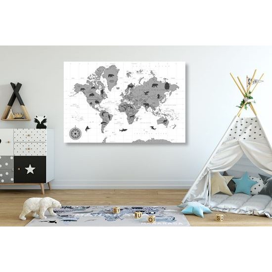 Obraz mapa sveta so symbolickými zvieratami v čiernobielom prevedení