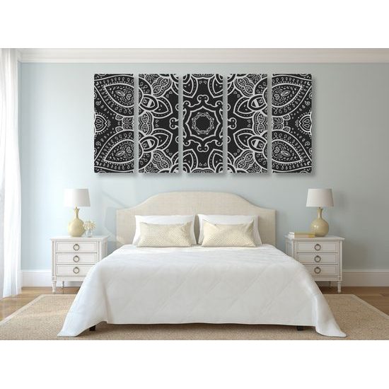 5-dielny obraz čiernobiela Mandala v indickom štýle