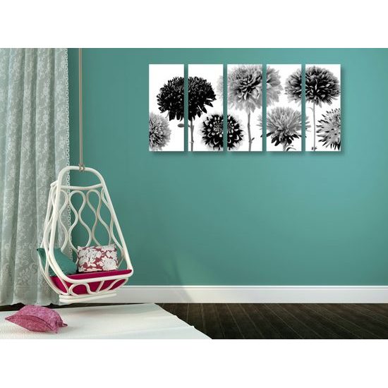 5-dielny obraz čiernobiele kvety dálie