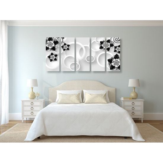5-dielny obraz kvety na abstraktnom pozadí v čiernobielom pozadí