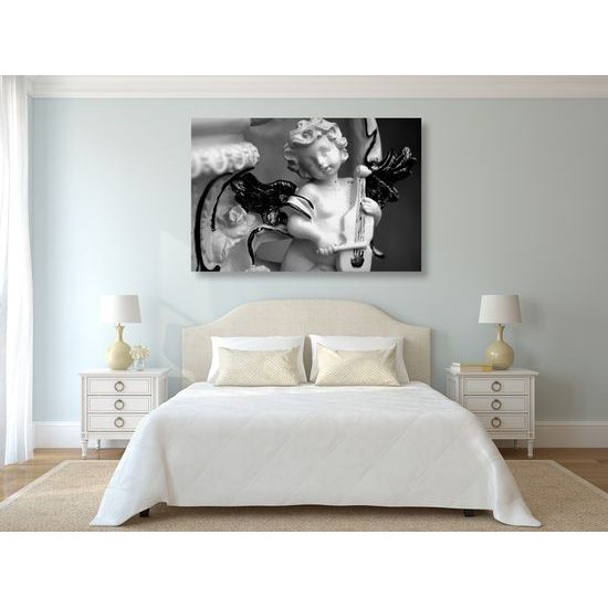 Obraz anjel s zlatými krídlami v čiernobielom prevedení