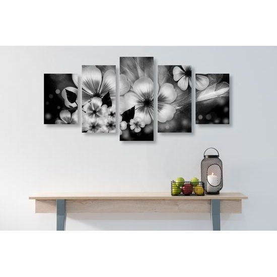 5-dielny obraz čiernobiele kvety vo vintage prevedení