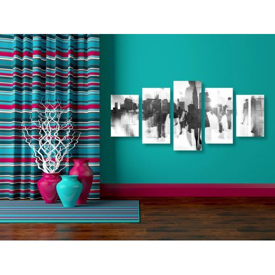 5-dielny obraz odrazy ľudí v rušnom meste v čiernobielom prevedení