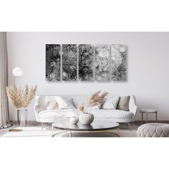 5-dielny obraz ružová Mandala v čiernobielom prevedení