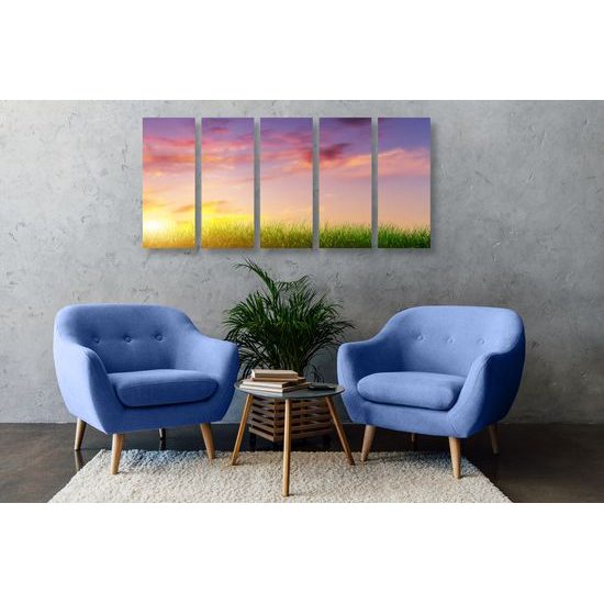 5-dielny obraz nádherný západ slnka za strom v tvare srdca