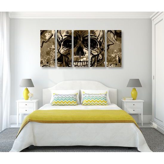 5-dielny obraz abstraktná lebka v sépiovom prevedení