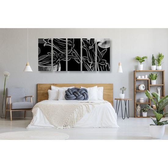 5-dielny obraz kvety v abstraktnom čiernobielom prevedení