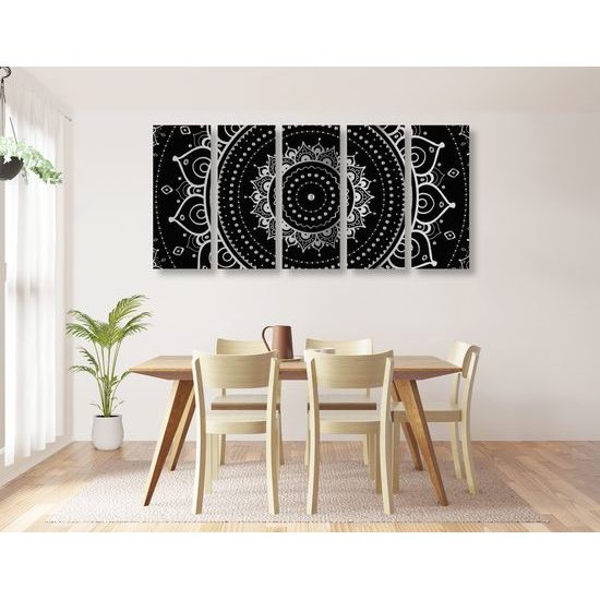 5-dielny obraz magická Mandala v čiernobielom prevedení