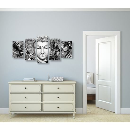 5-dielny obraz Budha v tropickej džungli v čiernobielom prevedení