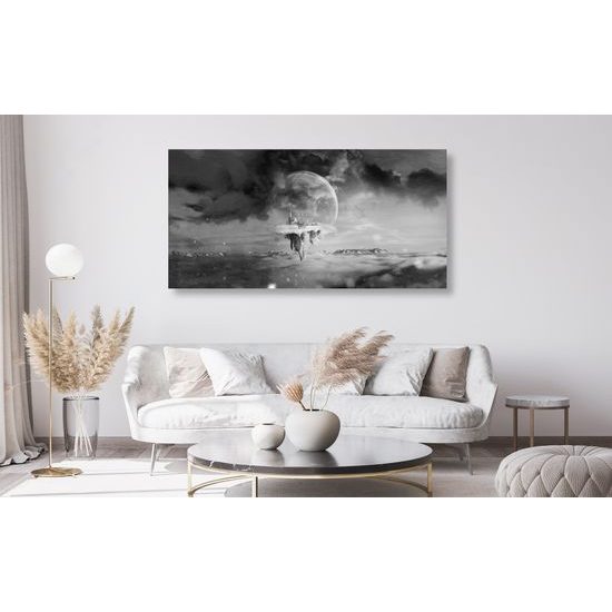 Obraz zasnežená krajina v snežítku v čiernobielom prevedení