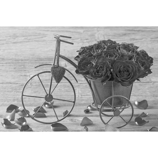 Obraz čiernobiela kytica ruží v železnom črepníku