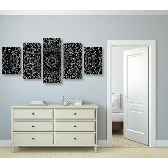 5-dielny obraz ukľudnujúca Mandala v čiernobielom prevedení